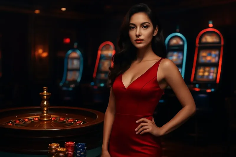 Elegant Casino Banner Beautiful woman in red dress posing confidently near roulette and slot machines in a luxury Bangladeshi casino with neon lights, gold coins, and poker chips