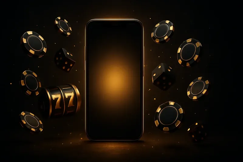 Luxury Casino Banner Glowing smartphone with casino chips, slot reels, and dice on dark gold background